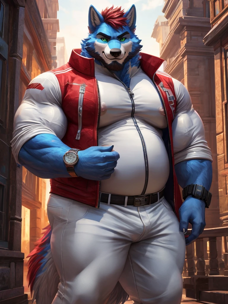 ((best quality)), ((masterpiece)), (Ultra detailed), ((4k)) , Full Body , Solo , Anthro Wolf , Light Blue Fur , Red Short Hair ,Red Beard , Handsone , Good Looking , Green Eyes, (Eyes Details), Middle Ages , Huge Pecs nipple , Bodybuilder Chubby Fat ,
Looking Side , Zip Up, White Suit , Wrist Watch , Wearing White Jeans,