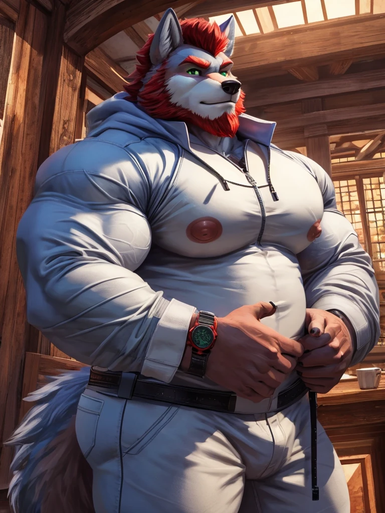 ((best quality)), ((masterpiece)), (Ultra detailed), ((4k)) , Full Body , Solo , Anthro Wolf , Light Blue Fur , Red Short Hair ,Red Beard , Handsone , Good Looking , Green Eyes, (Eyes Details), Middle Ages , Huge Pecs nipple , Bodybuilder Chubby Fat ,
Looking Side , Zip Up, White Suit , Wrist Watch , Wearing White Jeans,