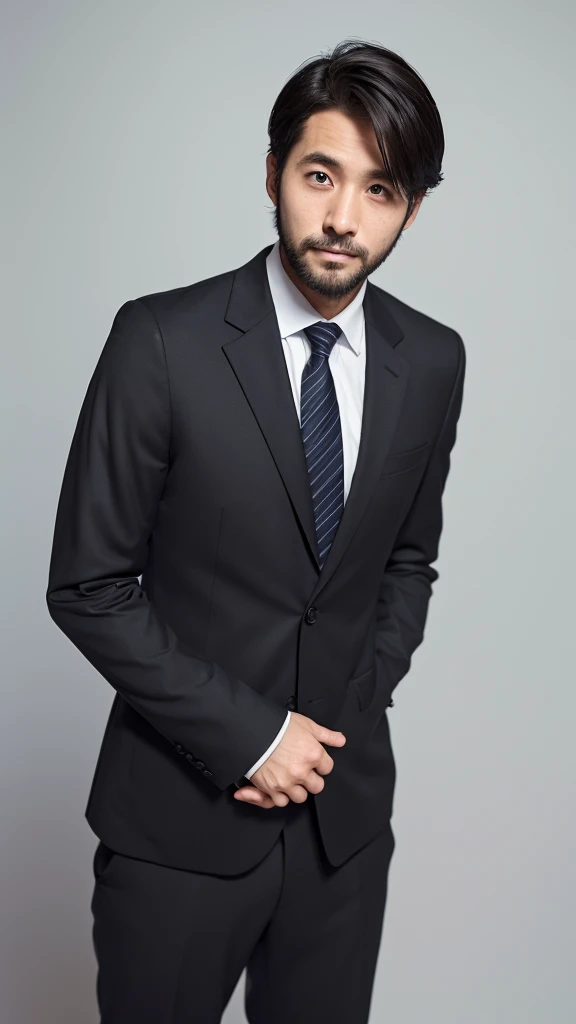 male、32 years old、less beard、Tired face、Poor eye、7:3 parting、Shot from the thigh up、front、Are standing、looking at the camera、Black suit、Plain white background、Single、Businessman、Japanese salaryman、Natural pose