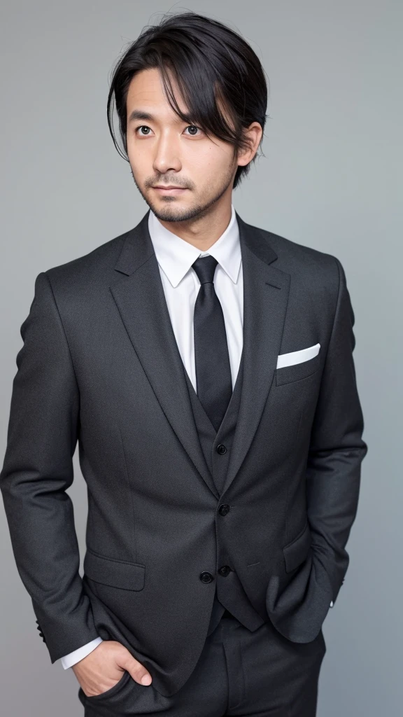 male、32 years old、less beard、Tired face、Poor eye、7:3 parting、Shot from the thigh up、front、Are standing、looking at the camera、Black suit、Plain white background、Single、Businessman、Japanese salaryman、Natural pose