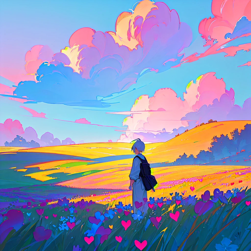 Free a heart from sorrow,A little man standing on an empty meadow,There is a heart-shaped flower on the grass,Heart shaped flowers,Rising sun,Sea of Clouds,4K,Ultra HD Wallpaper,morning glow,Full of details