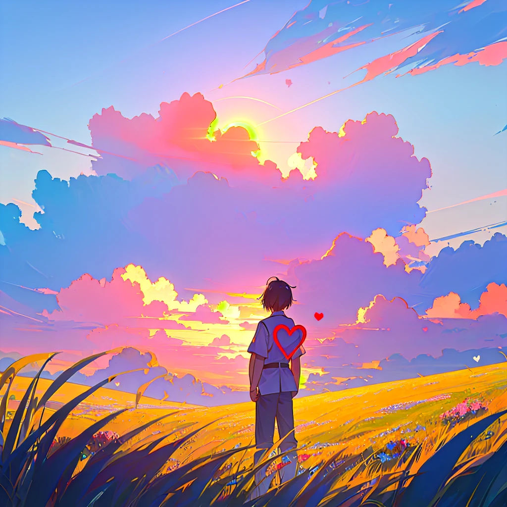 Free a heart from sorrow，A little man standing on an empty meadow，There is a heart-shaped flower on the grass，Heart shaped flowers，Rising sun，Sea of Clouds，4K，Ultra HD Wallpaper，morning glow，Full of details