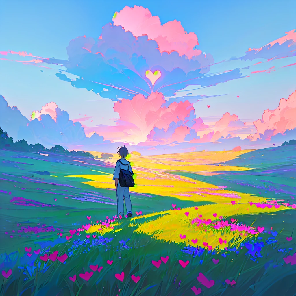Free a heart from sorrow,A little man standing on an empty meadow,There is a heart-shaped flower on the grass,Heart shaped flowers,Rising sun,Sea of Clouds,4K,Ultra HD Wallpaper,morning glow,Full of details