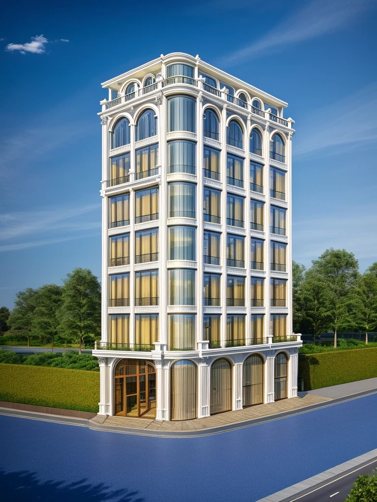 (masterpiece, best quality:1.2) 1white neoclassic building, (curved window) building, exterior, architecture design, building in street 