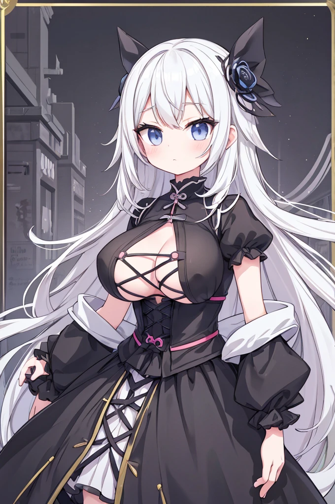 Anime-style image of a woman with white hair and black clothing, Cute 3D anime girl render, Cute anime waifu in a nice dress, Anime VTuber Full Body Model, Anime girl in a black dress, Gothic Maiden Anime Girl, Highly detailed characters, Official character art,Onmyoji,Big Tits,ghost