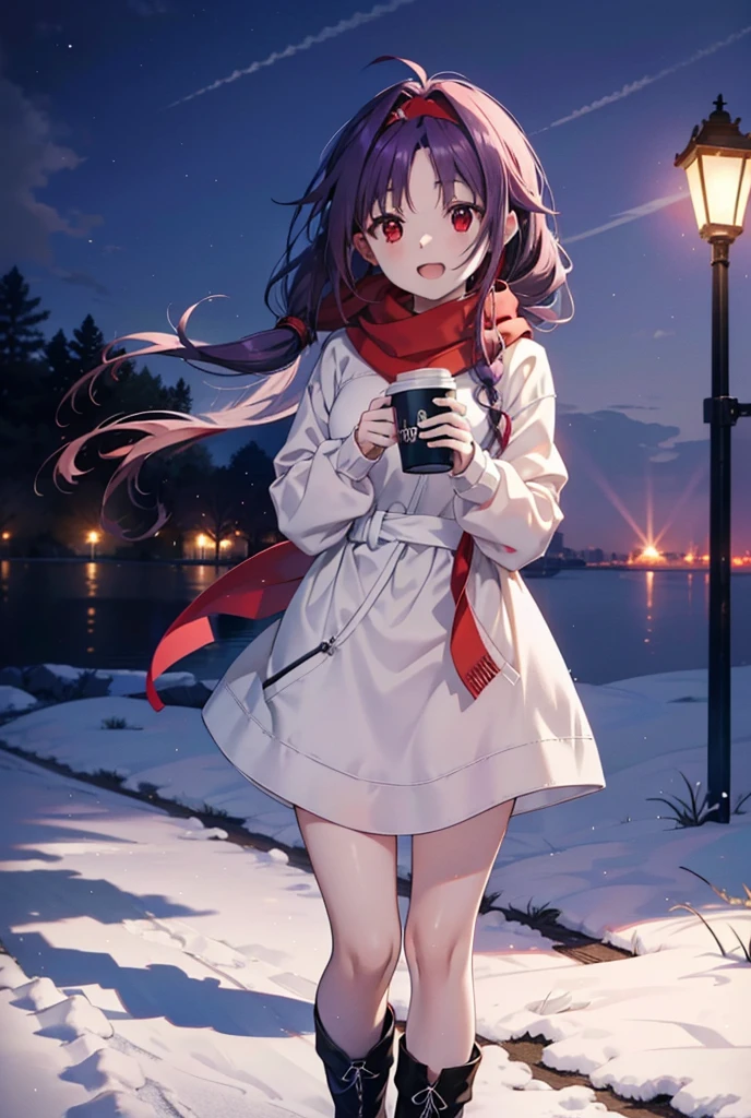yuukikonno, Konno Yuuki, Long Hair, Pointed Ears, Purple Hair, (Red eyes:1.5), (Small breasts:1.2), Open your mouth,happy smile, smile, Open your mouth,hair band,low twin tail,Red Scarf,Oversized purple hoodie,Long skirt,short boots,Holding a paper cup of coffee in both hands,Walking,snowが降っている,snowが降り積もっている,snow,snow,snow,snow,snowが積もった木,winter,Cold Sky,night,whole bodyがイラストに入るように,
break looking at viewer, whole body,
break outdoors, garden,
break (masterpiece:1.2), Highest quality, High resolution, unity 8k wallpaper, (figure:0.8), (Beautiful attention to detail:1.6), Highly detailed face, Perfect lighting, Highly detailed CG, (Perfect hands, Perfect Anatomy),