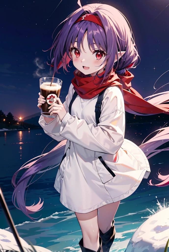 yuukikonno, Konno Yuuki, Long Hair, Pointed Ears, Purple Hair, (Red eyes:1.5), (Small breasts:1.2), Open your mouth,happy smile, smile, Open your mouth,hair band,low twin tail,Red Scarf,Oversized purple hoodie,Long skirt,short boots,Holding a paper cup of coffee in both hands,Walking,snowが降っている,snowが降り積もっている,snow,snow,snow,snow,snowが積もった木,winter,Cold Sky,night,whole bodyがイラストに入るように,
break looking at viewer, whole body,
break outdoors, garden,
break (masterpiece:1.2), Highest quality, High resolution, unity 8k wallpaper, (figure:0.8), (Beautiful attention to detail:1.6), Highly detailed face, Perfect lighting, Highly detailed CG, (Perfect hands, Perfect Anatomy),