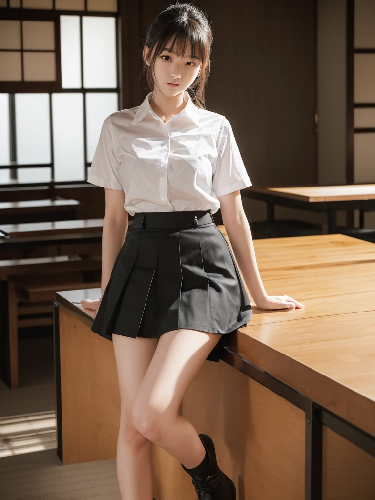 (Tabletop,high quality:1.3),(Depth of written boundary:1.3) ,((Front body:1.35)), Japanese , OL,((21 years old)),Standard height, KK-60, White shirt, Undressed, Black skirt above the knee,(View your viewers:1.3),(whole body:1.2),No background