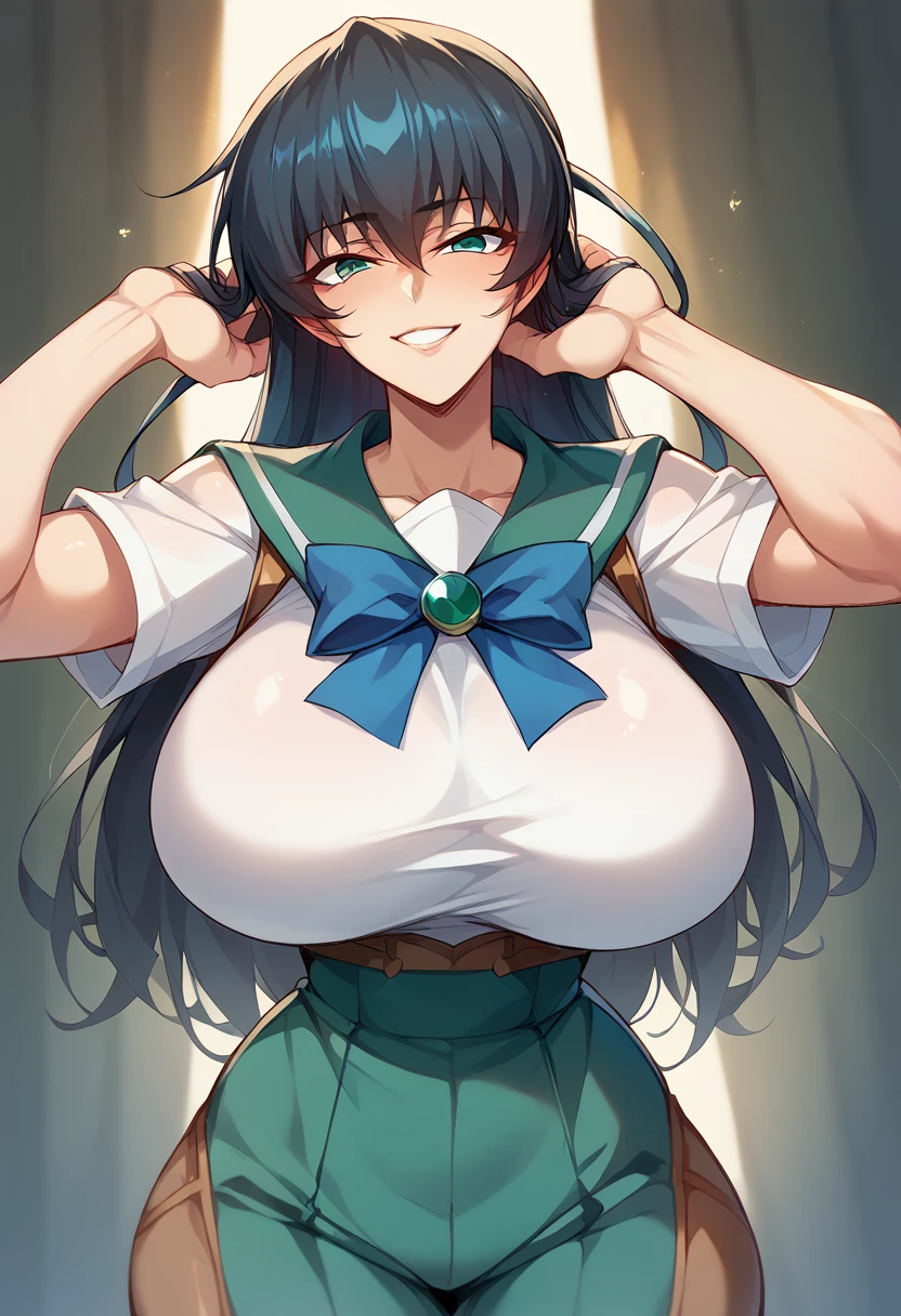 Igawa Asagi、Black Hair、Long Hair、Green Eyes、Super huge breasts、、、smile、high school student、Narrow waist、Sailor suit、tanding posture、whole body、、Hotel