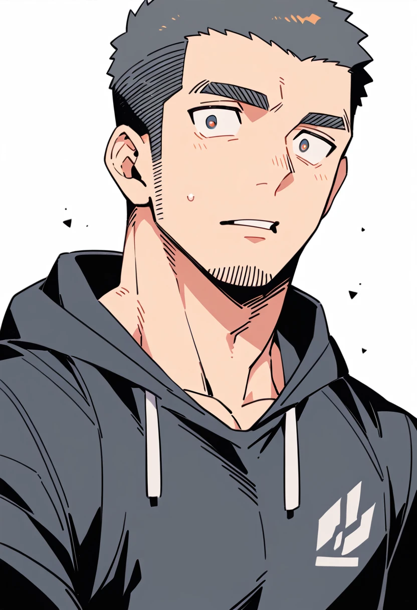 anime characters:Priapus, Muscle Sports Student, Buzz Cut, Manliness, male focus, Sports tight hooded sweatshirt, Very tight, full and perky chest muscles, muscular male, muscular, only, Upper body, alone, Black short hair, Thick eyebrows, stubble, Brown-red pupils, White background, simple background, amazing quality, best aesthetics, Ridiculous, crew cut, parted lips, flustered, endured face, negative space, best quality