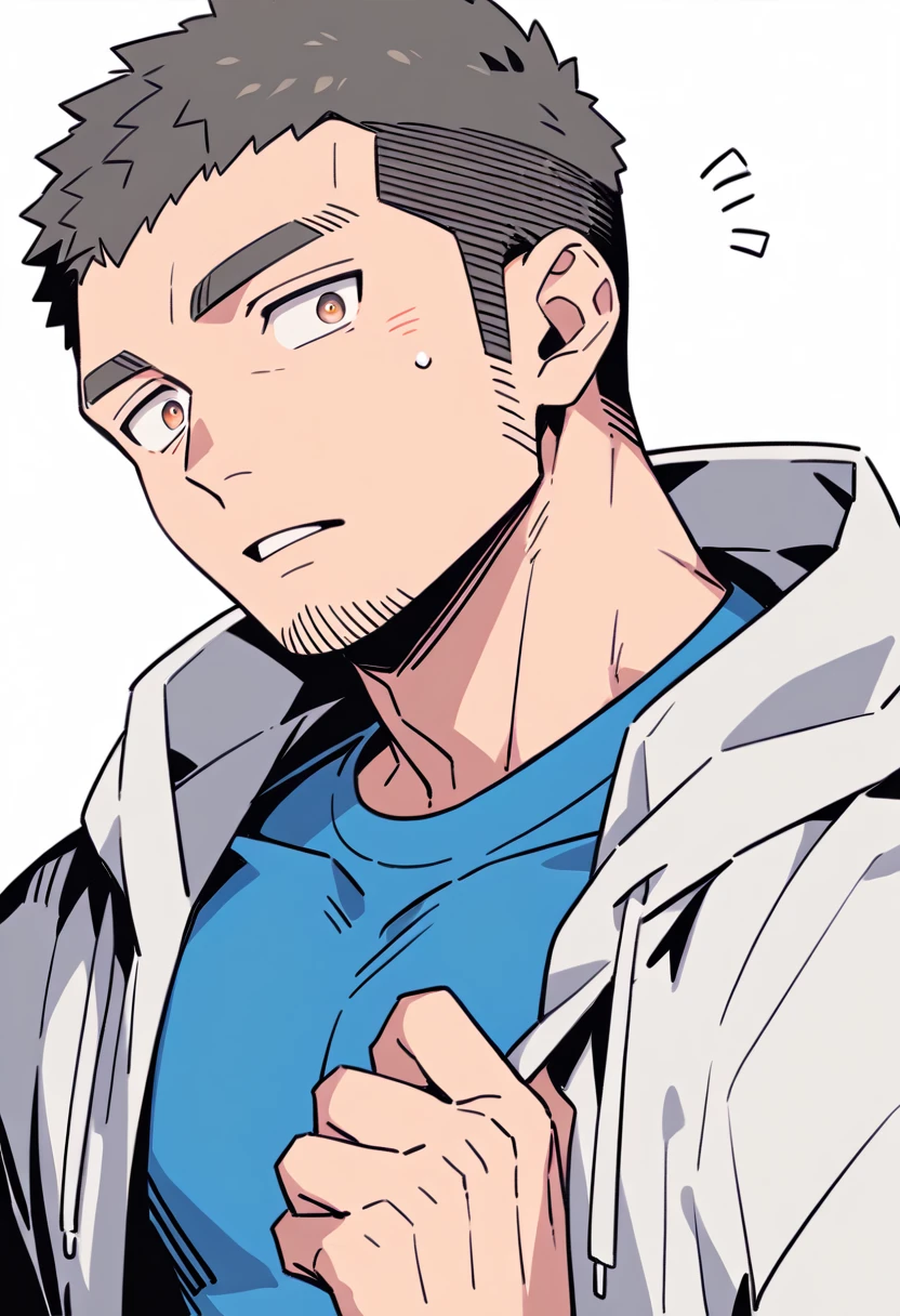 anime characters:Priapus, Muscle Sports Student, Buzz Cut, Manliness, male focus, Sports tight hooded sweatshirt, Very tight, full and perky chest muscles, muscular male, muscular, only, Upper body, alone, Black short hair, Thick eyebrows, stubble, Brown-red pupils, White background, simple background, amazing quality, best aesthetics, Ridiculous, crew cut, parted lips, flustered, endured face, negative space, best quality