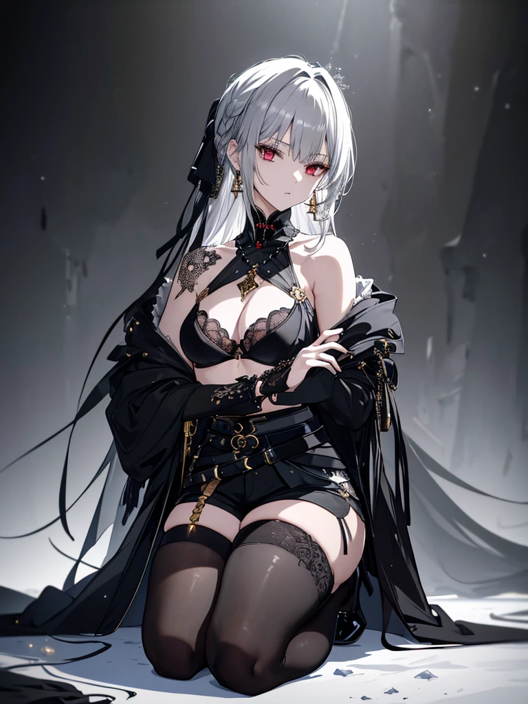 8k,High resolution RAW color art, Anime Art,Silver Marble Skin, (((Very detailed and cool))), Detailed skin, texture,(Exquisitely crafted, The finer details, Ultra-detailed art), (((1 girl))), Depth of written boundary, Silky Touch, Hyper Detail, (((Cool face))), eye shadow、Armed women, Beautiful detailed red eyes, Beautiful lip detail, Highly detailed face, Delicate depiction of hair and eyes, Detailed Fashion, Golden Earrings,Full body depiction, Black half-top bra、Black shorts、Waist Cloak、black tights、Golden decoration, Gray Hair, Golden bracelet, Straight Hair、(((Hair)))、ice華、moonlight、Calm background、(((Black theme)))、ice、(((Cold)))、Side view、Kneeling