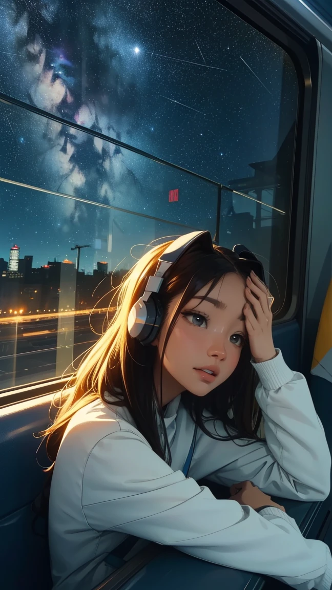 train,  Sit by the window,  Adopt a pensive posture, Stargazing, His head was stuck in the glass, Put on your headphones, Scenery passing by at high speed, Night Travel, Beautiful starry sky, beautiful girl, UHD Portrait, (high quality) (Super detailed) Observation of viewers wearing hip-hop street fashion; different, colorful, Long hair in color 🌈