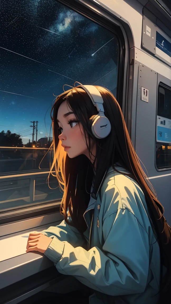 train, Sit by the window, Adopt a pensive posture, Stargazing, His head was stuck in the glass, Put on your headphones, Scenery passing by at high speed, Night Travel, Beautiful starry sky, beautiful girl, UHD Portrait, (high quality) (Super detailed) Observation of viewers wearing hip-hop street fashion; different, colorful, Long hair in color 🌈