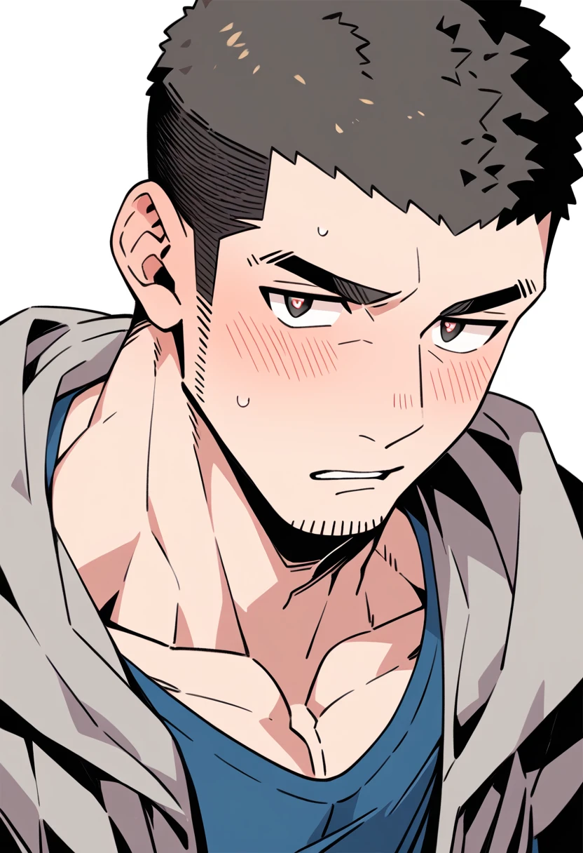 anime characters：Priapus, Muscle Sports Student, Buzz Cut, Manliness, male focus, Sports tight hooded sweatshirt, Very tight, full and perky chest muscles, muscular male, muscular, only, Upper body, alone, Black short hair, Thick eyebrows, stubble, Brown-red pupils, White background, simple background, amazing quality, best aesthetics, Ridiculous, crew cut, parted lips, flustered, endured face, shy, blush, negative space, best quality