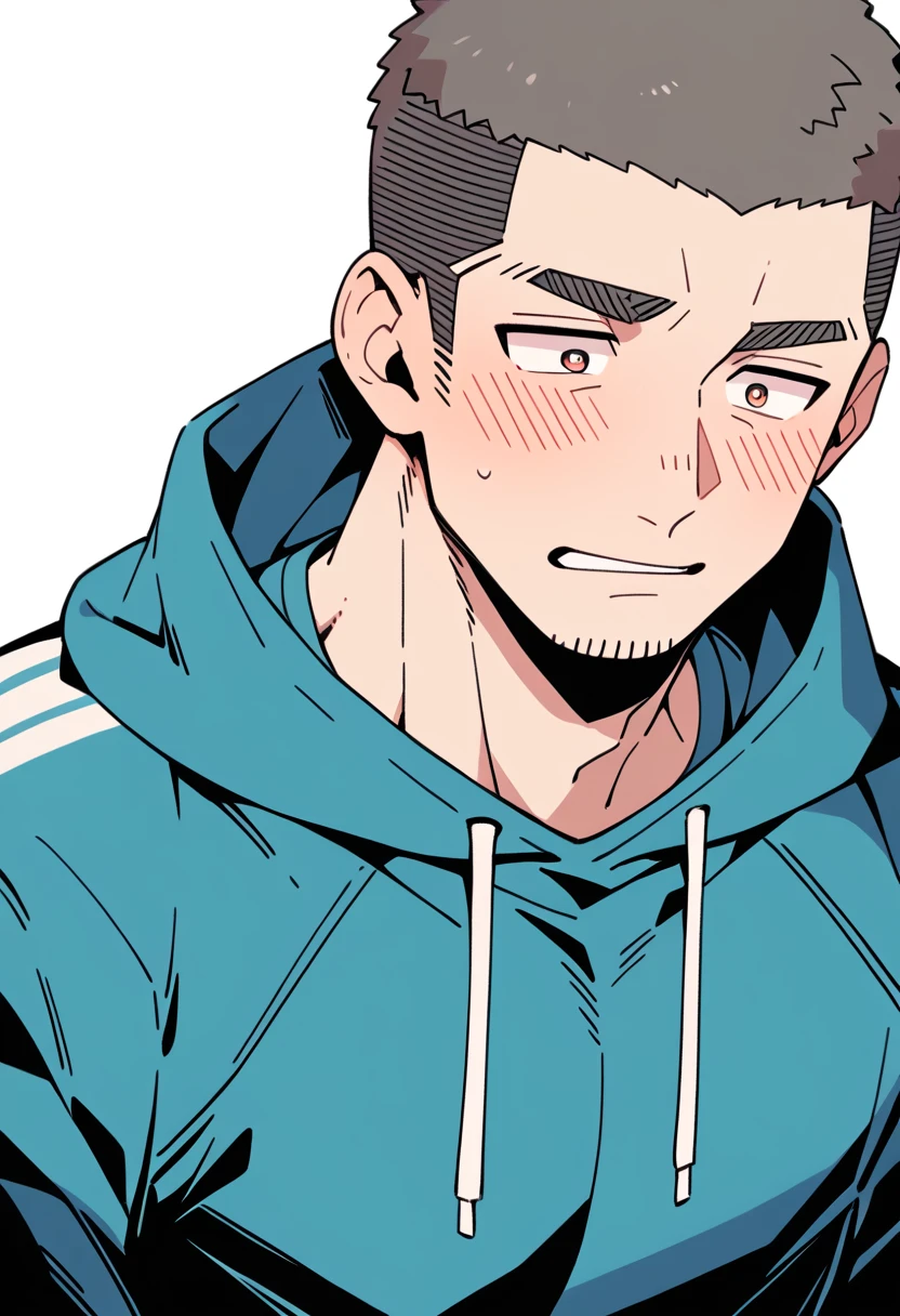anime characters:Priapus, Muscle Sports Student, Buzz Cut, Manliness, male focus, Sports tight hooded sweatshirt, Very tight, full and perky chest muscles, muscular male, muscular, only, Upper body, alone, Black short hair, Thick eyebrows, stubble, Brown-red pupils, White background, simple background, amazing quality, best aesthetics, Ridiculous, crew cut, parted lips, flustered, endured face, shy, blush, negative space, best quality