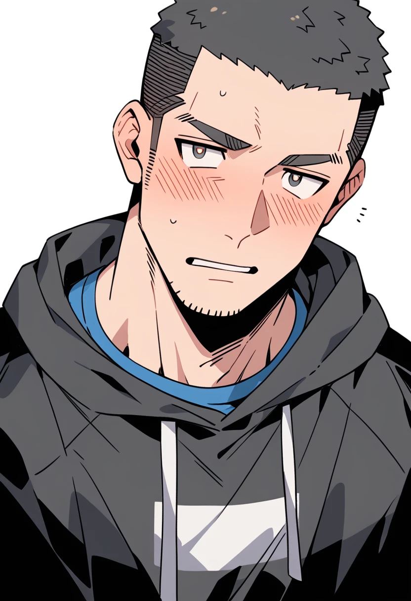 anime characters:Priapus, Muscle Sports Student, Buzz Cut, Manliness, male focus, Sports tight hooded sweatshirt, Very tight, full and perky chest muscles, muscular male, muscular, only, Upper body, alone, Black short hair, Thick eyebrows, stubble, Brown-red pupils, White background, simple background, amazing quality, best aesthetics, Ridiculous, crew cut, parted lips, flustered, endured face, shy, blush, negative space, best quality