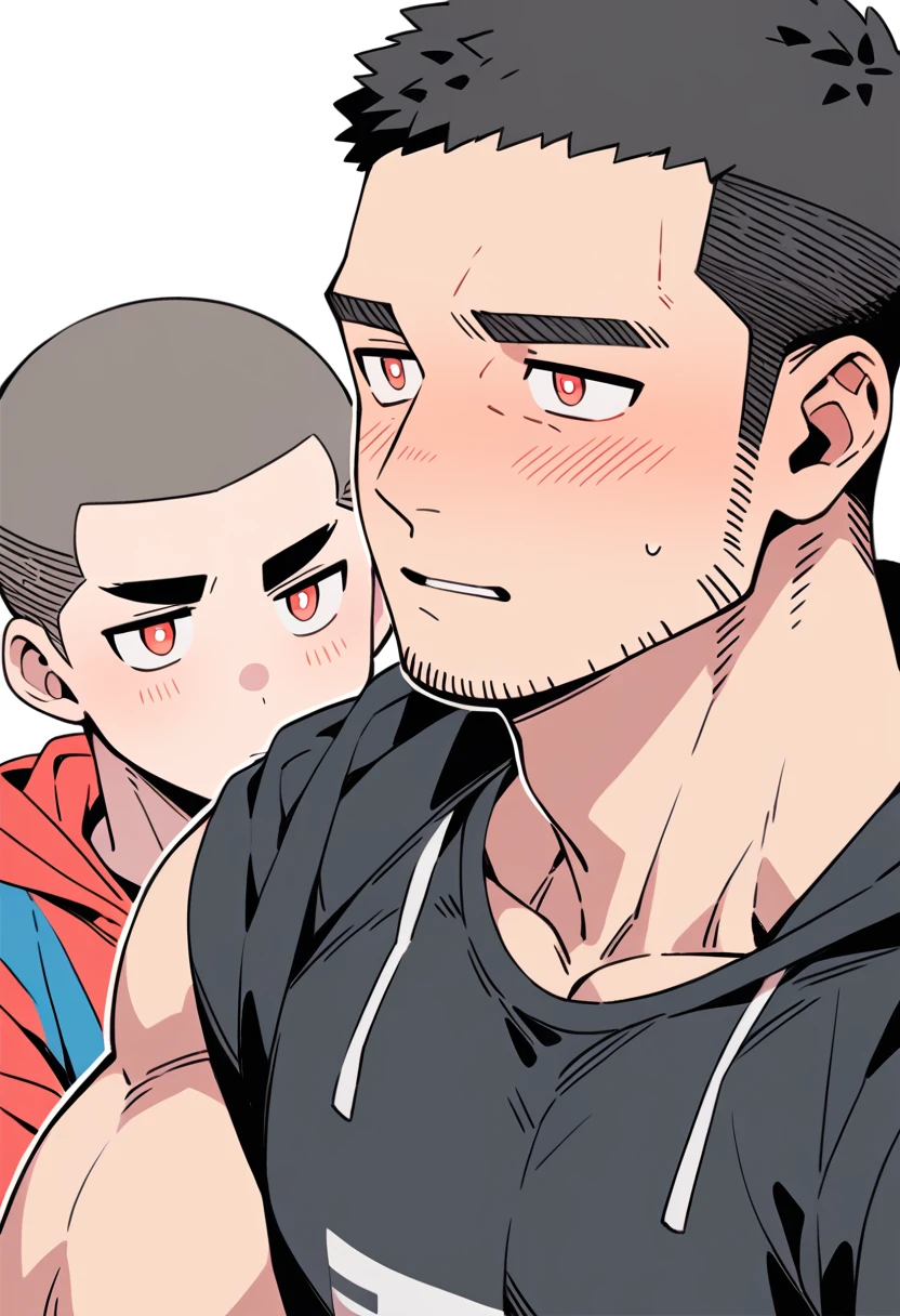 anime characters：Priapus, Muscle Sports Student, Buzz Cut, Manliness, male focus, Sports tight hooded sweatshirt, Very tight, full and perky chest muscles, muscular male, muscular, only, Upper body, alone, Black short hair, Thick eyebrows, stubble, Brown-red pupils, White background, simple background, amazing quality, best aesthetics, Ridiculous, crew cut, parted lips, flustered, endured face, shy, blush, negative space, best quality