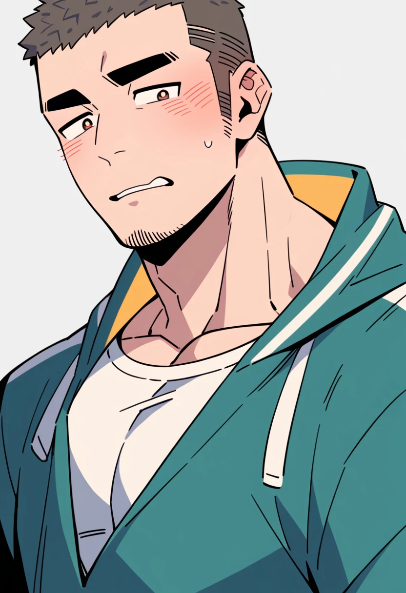 anime characters:Priapus, Muscle Sports Student, Buzz Cut, Manliness, male focus, Sports tight hooded sweatshirt, Very tight, full and perky chest muscles, muscular male, muscular, only, Upper body, alone, Black short hair, Thick eyebrows, stubble, Brown-red pupils, White background, simple background, amazing quality, best aesthetics, Ridiculous, crew cut, blush, Biting a pair of white panties, embarrassed, shy, endured face, negative space, best quality