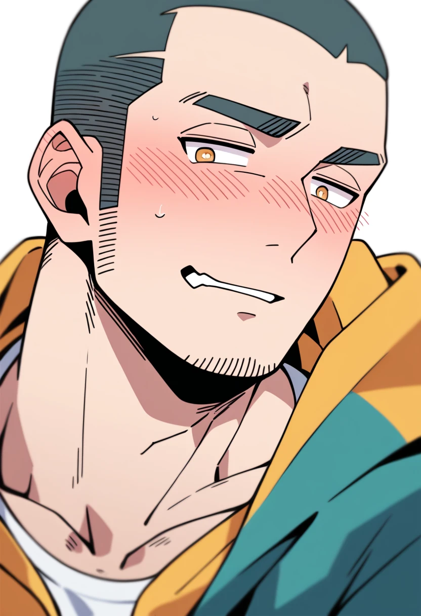 anime characters：Priapus, Muscle Sports Student, Buzz Cut, Manliness, male focus, Sports tight hooded sweatshirt, Very tight, full and perky chest muscles, muscular male, muscular, only, Upper body, alone, Black short hair, Thick eyebrows, stubble, Brown-red pupils, White background, simple background, amazing quality, best aesthetics, Ridiculous, crew cut, blush, Biting a pair of white panties, embarrassed, shy, endured face, negative space, best quality