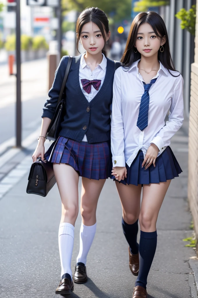 ((school uniform))、((Gal))、High-legged panties、2人のBeautyな女の子、Japanese、On the way to school、Huge breasts、Beauty、Beautiful Face、cute、navel piercing、Walking、Realtic、Beautiful Face、Carry a school bag、Outdoor、blue sky、Earrings、Earrings、Are standing、Highest quality、Bold、Realtic、Realistic