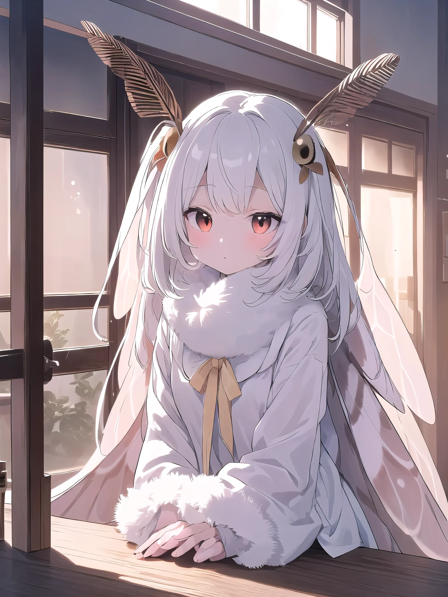 mothgirlcpt, moth antennae, moth wings, solo, 1girl, drooping tactile sensation、cute、fluffy、Light production、Silkworm moth