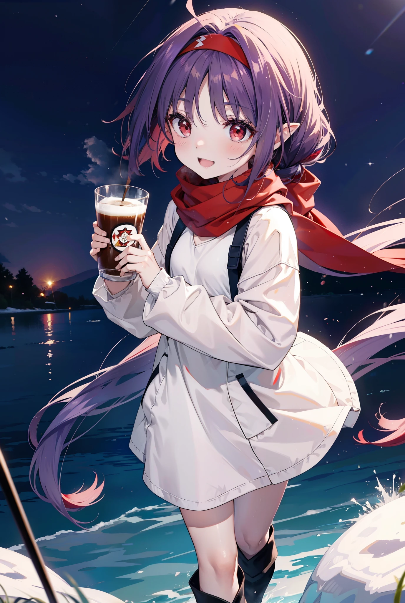 yuukikonno, Konno Yuuki, Long Hair, Pointed Ears, Purple Hair, (Red eyes:1.5), (Small breasts:1.2), Open your mouth,happy smile, smile, Open your mouth,hair band,low twin tail,Red Scarf,Oversized purple hoodie,Long skirt,short boots,Holding a paper cup of coffee in both hands,Walking,snowが降っている,snowが降り積もっている,snow,snow,snow,snow,snowが積もった木,winter,Cold Sky,night,whole bodyがイラストに入るように,
break looking at viewer,  whole body,
break outdoors, garden,
break (masterpiece:1.2), Highest quality, High resolution, unity 8k wallpaper, (figure:0.8), (Beautiful attention to detail:1.6), Highly detailed face, Perfect lighting, Highly detailed CG, (Perfect hands, Perfect Anatomy),