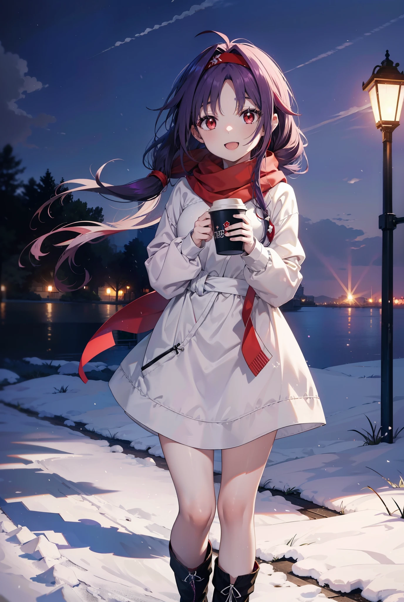 yuukikonno, Konno Yuuki, Long Hair, Pointed Ears, Purple Hair, (Red eyes:1.5), (Small breasts:1.2), Open your mouth,happy smile, smile, Open your mouth,hair band,low twin tail,Red Scarf,Oversized purple hoodie,Long skirt,short boots,Holding a paper cup of coffee in both hands,Walking,snowが降っている,snowが降り積もっている,snow,snow,snow,snow,snowが積もった木,winter,Cold Sky,night,whole bodyがイラストに入るように,
break looking at viewer,  whole body,
break outdoors, garden,
break (masterpiece:1.2), Highest quality, High resolution, unity 8k wallpaper, (figure:0.8), (Beautiful attention to detail:1.6), Highly detailed face, Perfect lighting, Highly detailed CG, (Perfect hands, Perfect Anatomy),