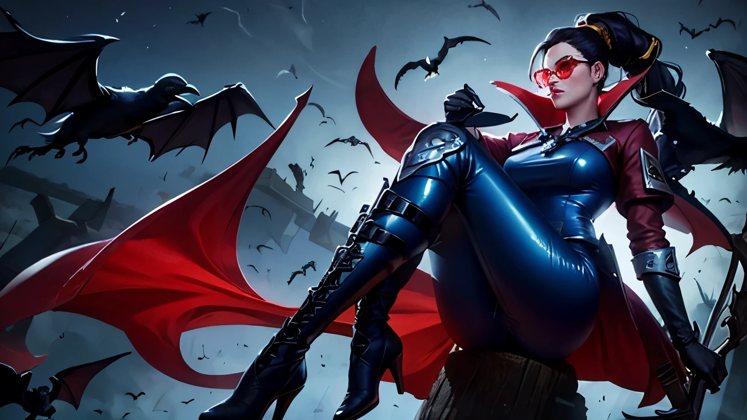 ((best quality)), ((masterpiece)), (detailed), 1girl, Vayne, woman wearing darkblue catsuit, with red cap, glasses with red glas, black hair with long ponytail, gloves, knee high red leather boots without heels, standing having a crossbow on her back and at her arm, dark nightly background, ravens and bats flying