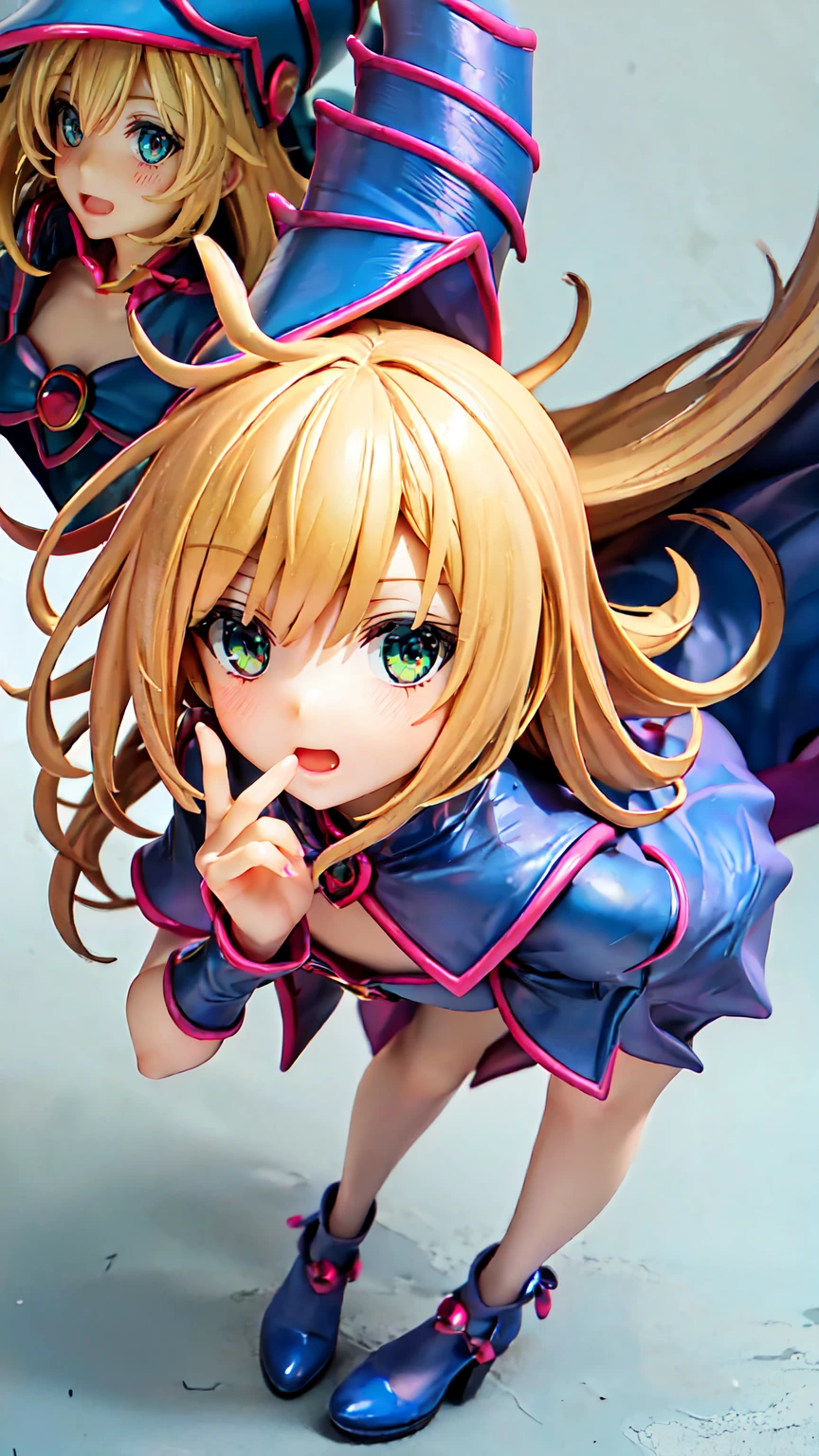dark magician girl, Super detailed, Very detailed, masterpiece, 最high quality, 最high quality, Absurd, High resolution, Black Magician Girl, (One girl:1.2), alone, Detailed face, Dynamic pose, Hair flow, (whole body:1.1), Blonde, Long Hair, View your viewers, Green Eyes, Detailed skin, chest, Manicure, skirt, Blue footwear, Blue hat, Wizard's Hat, Cane, I have a hat, (Blue panties:0.9), masterpiece, Very detailed, A magnificent composition, high quality, 最high quality, 4K, (white background:1.5), pedestal , Figures