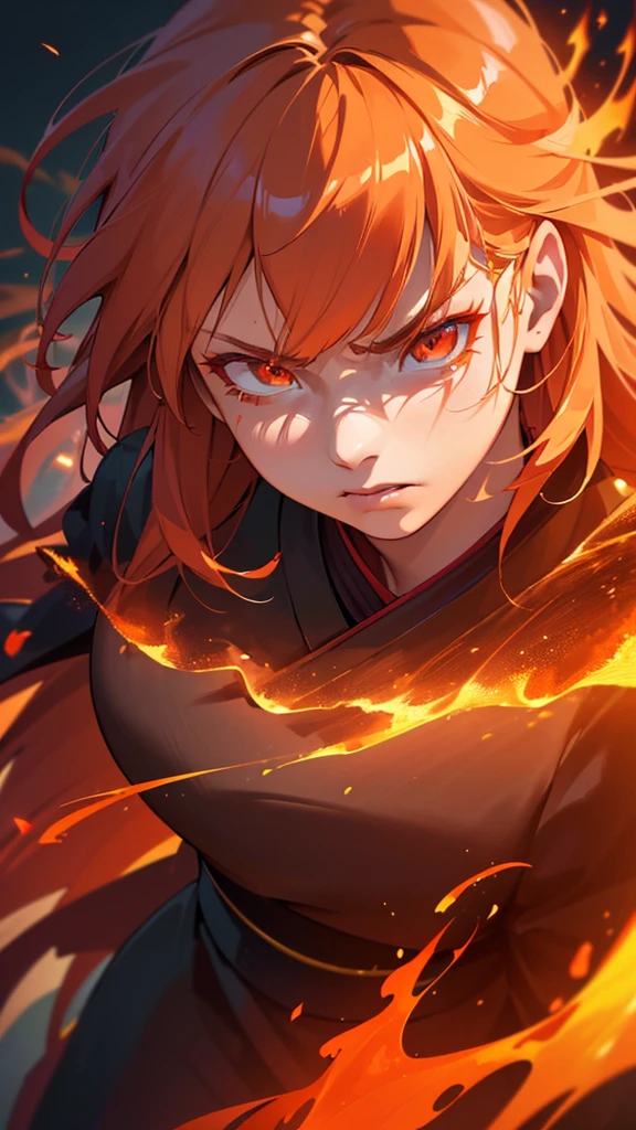 angry girl, 1girl, orange hair, ruby eyes, japanese clothes, fire, flames, fire breathing, fire sparks, glowing, (best quality,4k,8k,highres,masterpiece:1.2),ultra-detailed,(realistic,photorealistic,photo-realistic:1.37),detailed face, intricate details, vibrant colors, dramatic lighting, cinematic composition, fantasy, dynamic pose