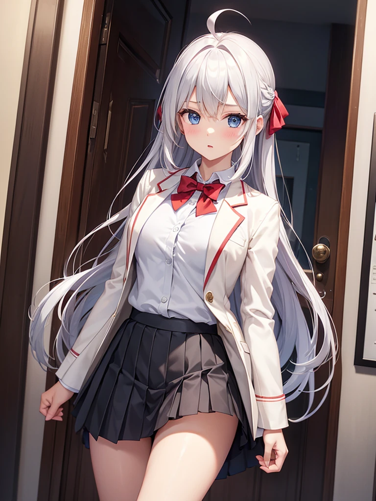 Arya, 1girl, solo, long hair, blue eyes, ahoge, bow, looking at viewer, red bow, jacket, bowtie, long sleeves, breasts, shirt, open jacket, red bowtie, door, cowboy shot, collared shirt, indoors, , white hair, standing, open clothes, skirt, bangs, dress, grey jacket, black dress, blush, pleated skirt, parted lips, medium breasts, pleated dress, white shirt, hair between eyes, white jacket, hand up, blazer, black skirt, thighs, open door, hallway