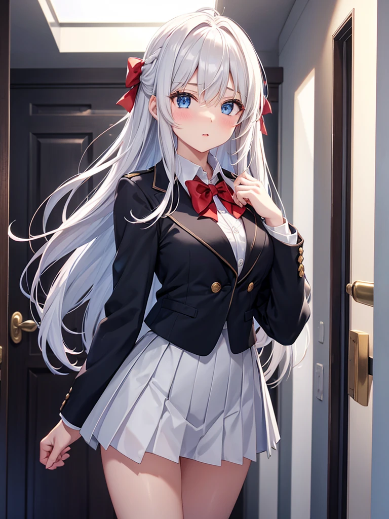 Arya, 1girl, solo, long hair, blue eyes, ahoge, bow, looking at viewer, red bow, jacket, bowtie, long sleeves, breasts, shirt, open jacket, red bowtie, door, cowboy shot, collared shirt, indoors, , white hair, standing, open clothes, skirt, bangs, dress, grey jacket, black dress, blush, pleated skirt, parted lips, medium breasts, pleated dress, white shirt, hair between eyes, white jacket, hand up, blazer, black skirt, thighs, open door, hallway