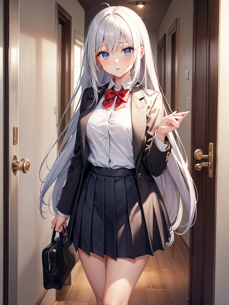 Arya, 1girl, solo, long hair, blue eyes, ahoge, bow, looking at viewer, red bow, jacket, bowtie, long sleeves, breasts, shirt, open jacket, red bowtie, door, cowboy shot, collared shirt, indoors, , white hair, standing, open clothes, skirt, bangs, dress, grey jacket, black dress, blush, pleated skirt, parted lips, medium breasts, pleated dress, white shirt, hair between eyes, white jacket, hand up, blazer, black skirt, thighs, open door, hallway