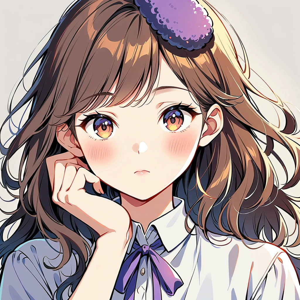 Female in her 20s, long brown hair, wavy hair, large light purple ribbon on top of head, pompadour bangs, white skin tone, holding mirror in left hand, right hand on cheek, wearing white blouse, close-up of face, straight face