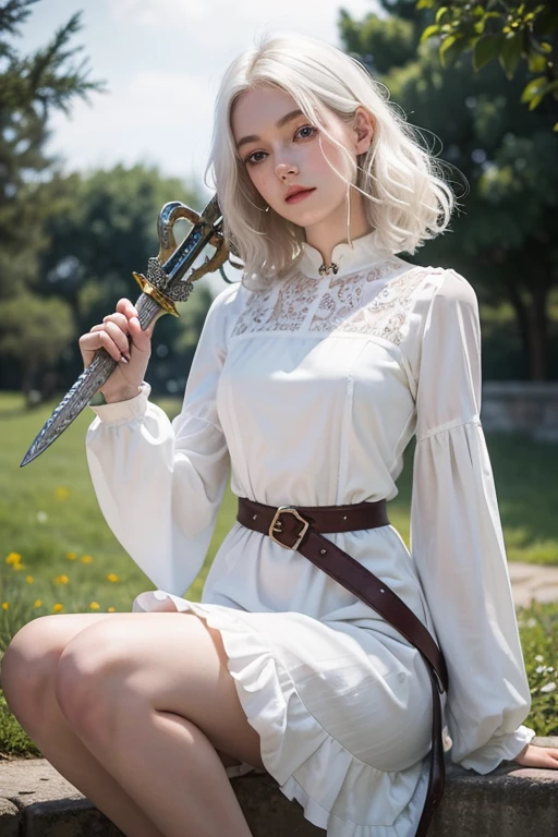 18 year old girl, Lovely, white hair, very short, Very curly, slim, flat bust, with freckles on the face, with slavic features, with long sleeve dress, yellow, whole body, shows her legs, in the castle garden, at night, holding a sword in his hand.