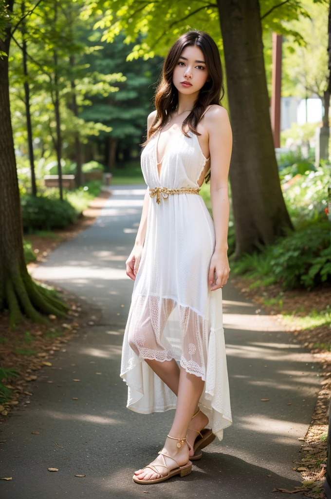 Best quality, masterpiece, ultra high res, (photorealistic), raw photo,1girl, skinny, upper body,solo, realistic, looking at viewer, long hair, bokeh background, forest streets, bohemian dress,  sandal, full body