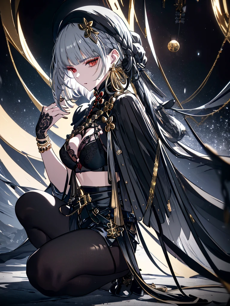 8k,High resolution RAW color art, Anime Art,Silver Marble Skin, (((Very detailed and cool))), Detailed skin, texture,(Exquisitely crafted, The finer details, Ultra-detailed art), (((1 girl))), Depth of written boundary, Silky Touch, Hyper Detail, (((Cool face))), eye shadow、Armed women, Beautiful detailed red eyes, Beautiful lip detail, Highly detailed face, Delicate depiction of hair and eyes, Detailed Fashion, Golden Earrings,Full body depiction, Black half-top bra、Black shorts、Waist Cloak、black tights、Golden decoration, Gray Hair, Golden bracelet, Straight Hair、(((Hair)))、ice華、moonlight、Calm background、(((Black theme)))、ice、(((Cold)))、Side view、Kneeling
