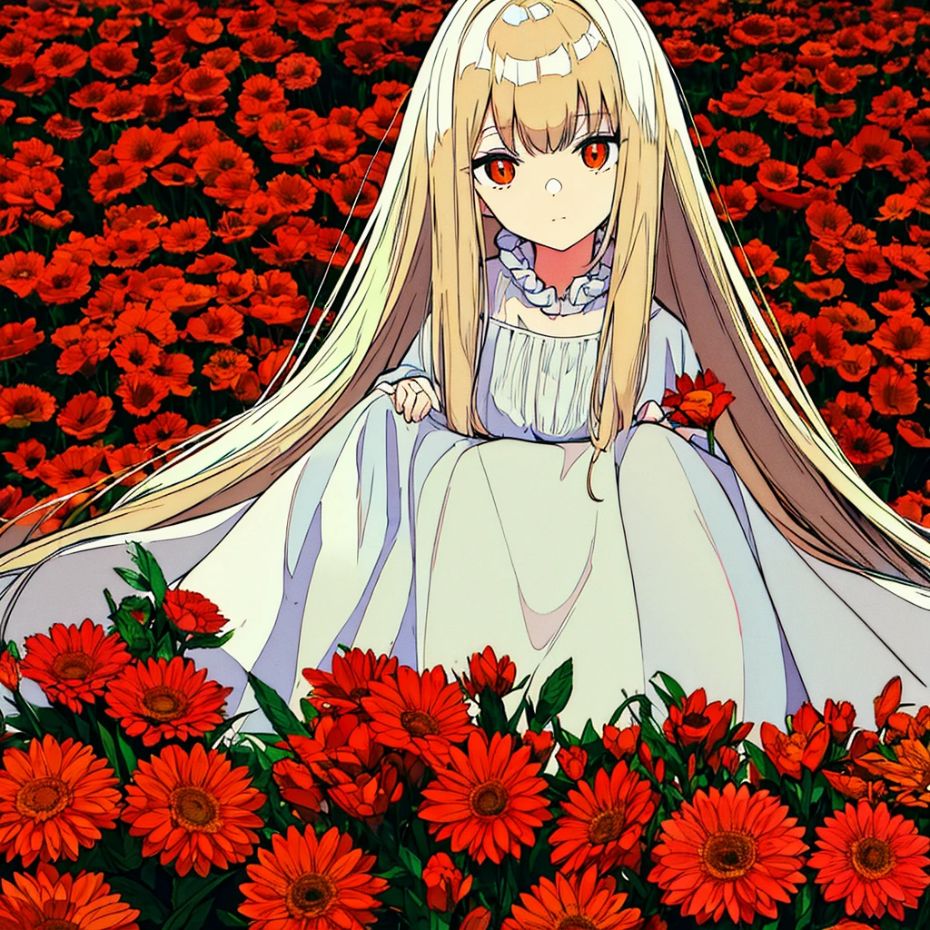 Orange background, plain, simple, flowers, woman in white dress, long hair