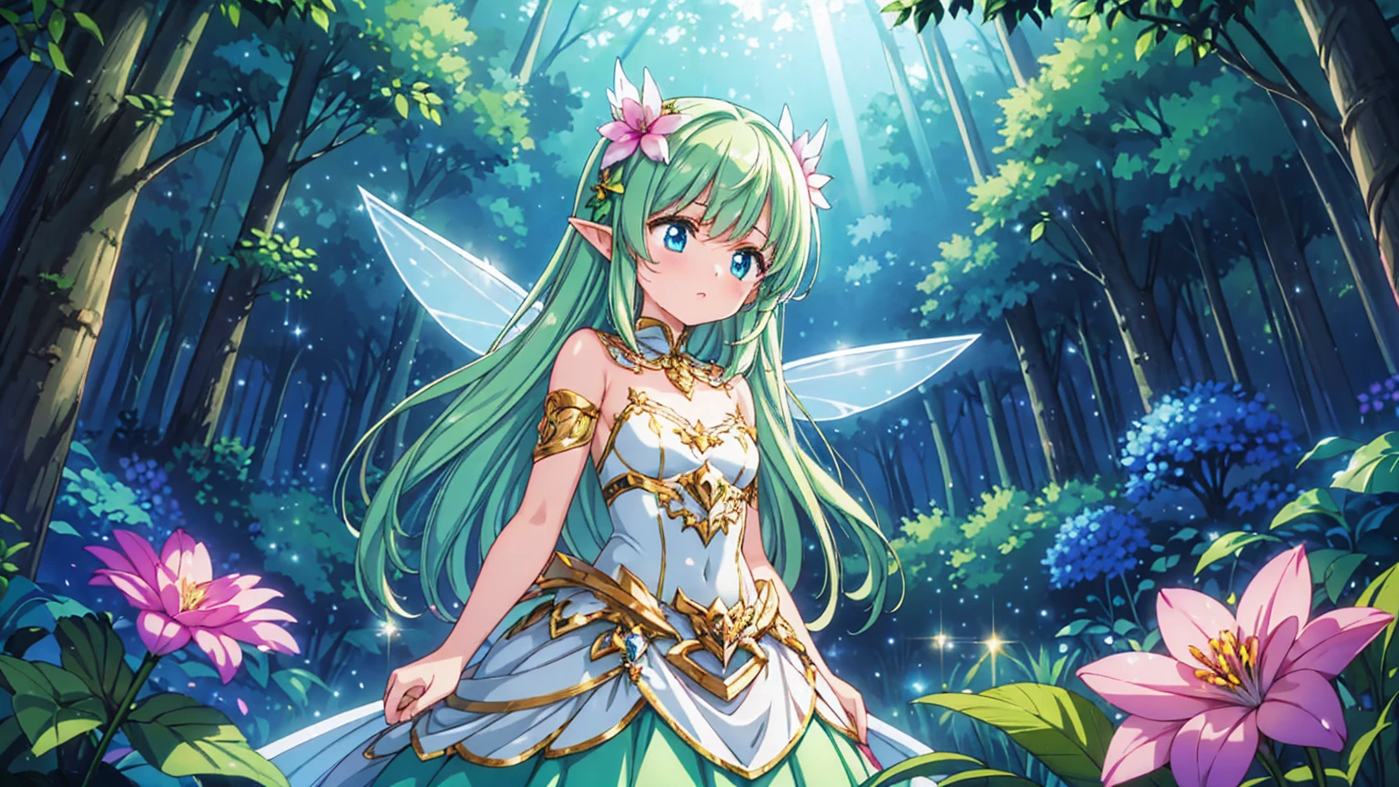 A young fairy girl in a beautiful, mystical forest. She has delicate wings that sparkle with light, and her hair is long and flowing. She wears a dress made of flower petals and leaves, and her expression is curious and joyful. The forest around her is lush with vibrant green foliage, tall ancient trees, and colorful flowers. Soft, magical light filters through the trees, casting a dreamy glow on the scene. The fairy girl is surrounded by a gentle aura of light, enhancing the enchanting atmosphere.