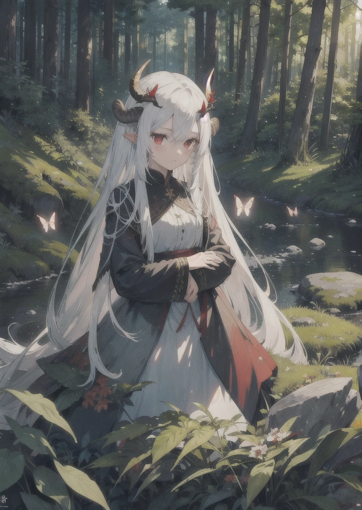 field, 1girl, white_hair, long_hair, red_eyes, very_long_hair, horns, forest, rocks, solo, solo_focus, night, butterflies, flowers, leaves, highly detailed, detailed background