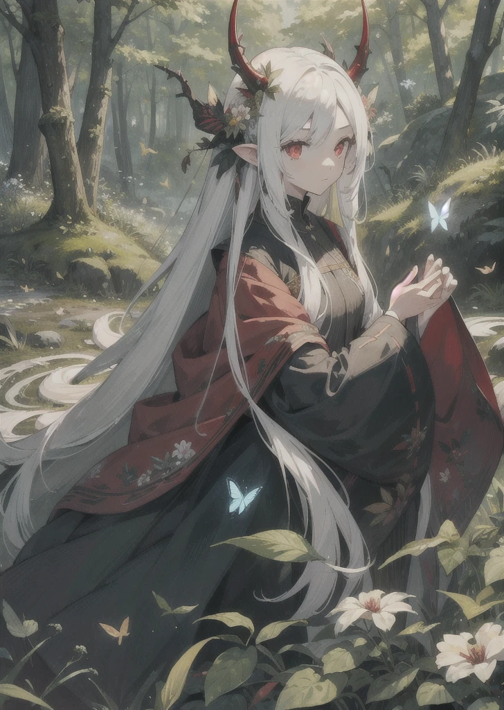 field, 1girl, white_hair, long_hair, red_eyes, very_long_hair, horns, forest, rocks, solo, solo_focus, night, butterflies, flowers, leaves, highly detailed, detailed background