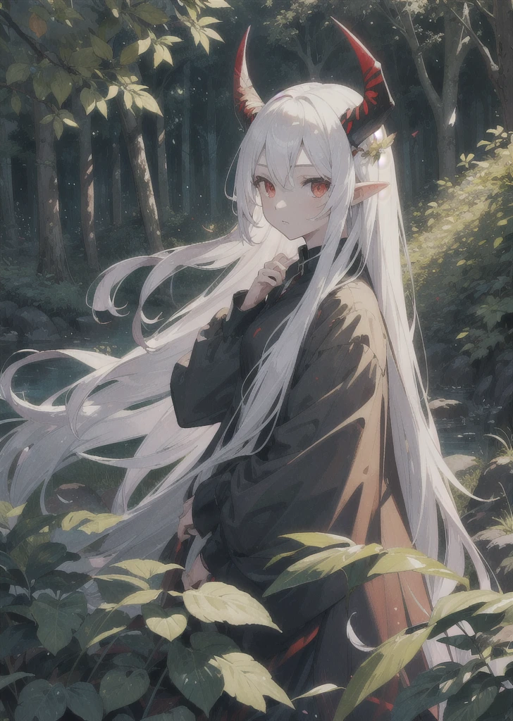 field, 1girl, white_hair, long_hair, red_eyes, very_long_hair, horns, forest, rocks, solo, solo_focus, night, butterflies, flowers, leaves, highly detailed, detailed background