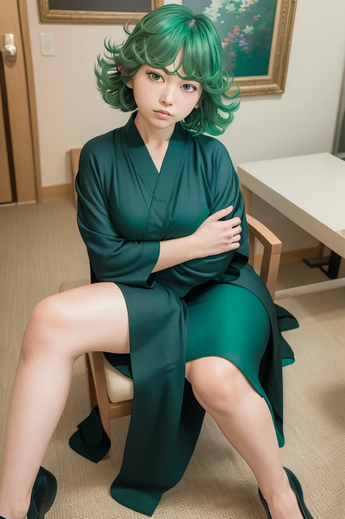 (Masterpiece, Best Quality:1.2), solo, 1girl, tatsumaki, unamused, closed mouth, looking a viewer, hand on our face, sitting, Short black kimono ,big thighs,crossing leg, green hair