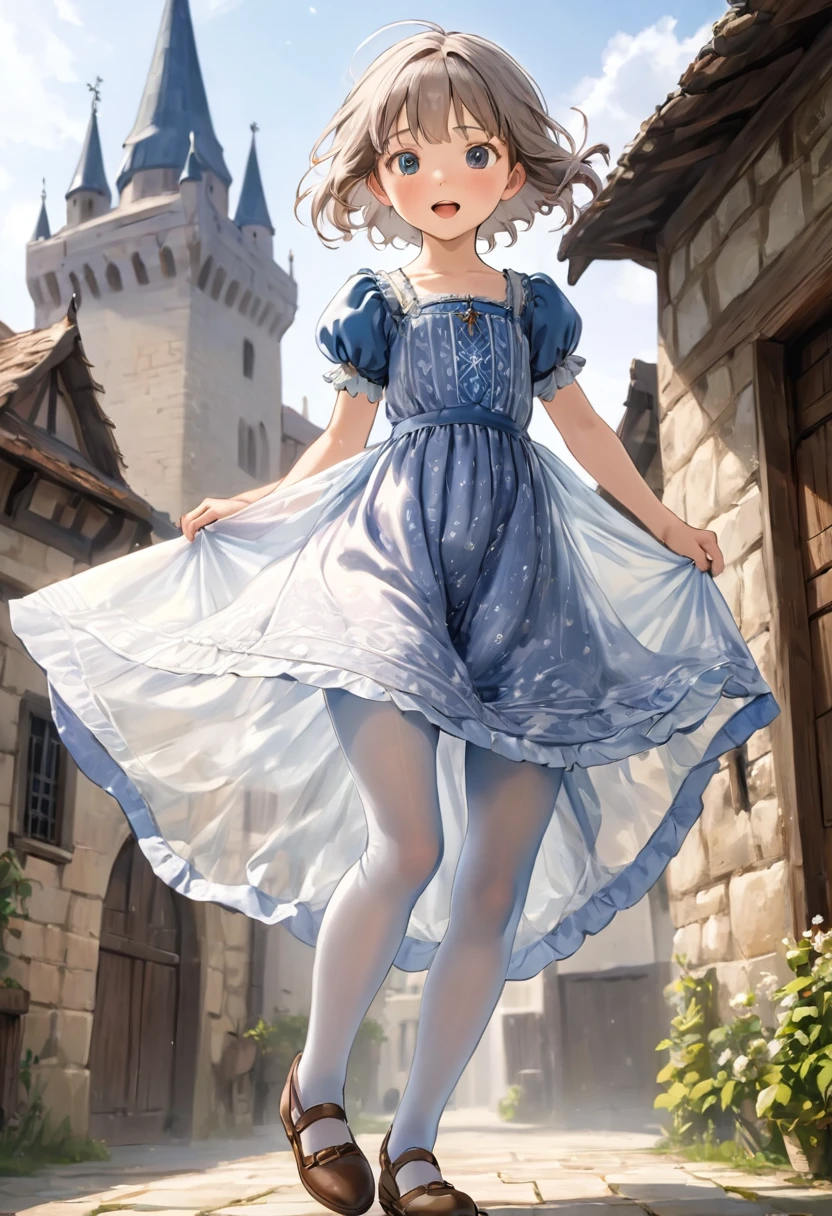 10 year old girl underwear, Realistic bloomers made from patterned cotton fabric, Medieval one-piece dress with panniers, Fabric Realism, Low - Angle, I see bloomers, Pull up the dress by hand, Strong winds, Translucent slip, Translucent slip, tights, Highest quality, Crotch close-up, whole body
