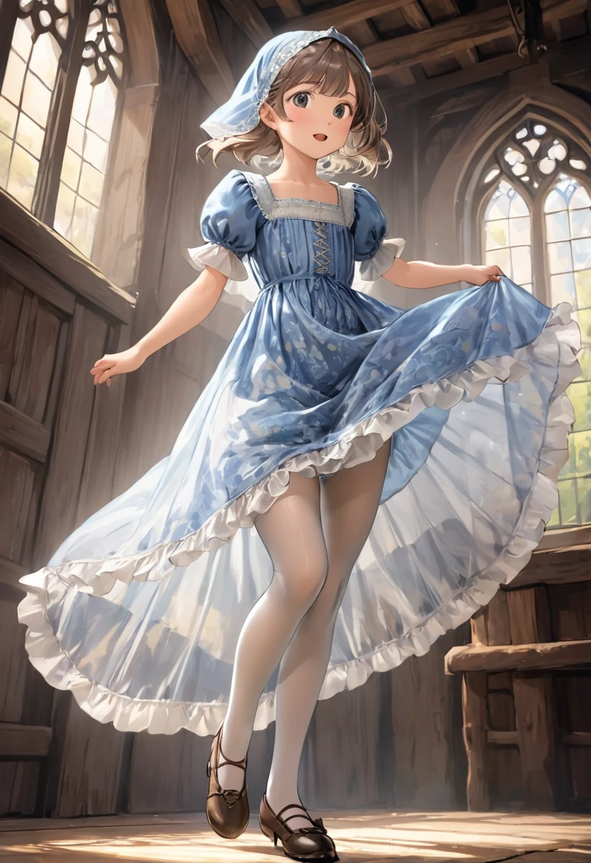 10 year old girl underwear, Realistic bloomers made from patterned cotton fabric, Medieval one-piece dress with panniers, Fabric Realism, Low - Angle, I see bloomers, Pull up the dress by hand, Strong winds, Translucent slip, Translucent slip, tights, Highest quality, Crotch close-up, whole body
