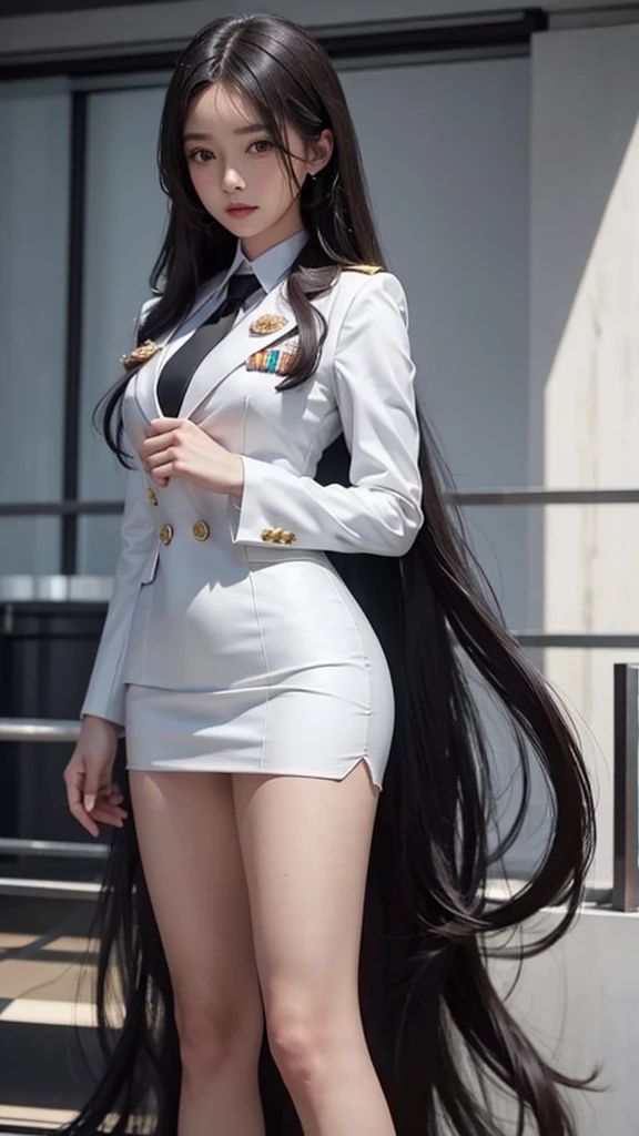 business woman, beautiful woman, Decorated with military insignia, Wear a suit and tie., Short skirt, businessuitwhite, กระโปรงดินสอสั้นwhite, businessuitรัดรูป, All white outfit, Emphasize the curves of the body, (สาวสวยTwo meter long hair, my hair is very long., extra long hair, long black hair), businessuit, (suitสไตล์อิตาลี, suitสองปุ่ม), (italian dress, white สูท, Set of two buttons), (wear women's clothes'suit, women's business suit, white), (สูทผู้หญิงwhite), (เสื้อเชิ้ตwhite), necktie, (necktieสั้นสีดำ, necktieสีดำ, necktieผอม, ถักnecktie), (military rank insignia), (Short pencil skirtwhite), (Dynamic posts), full body, (A gigantic rift), (big breasts, Thin body, small waist, hips raised, small thighs, Long legs), high-heelsสีดำ, (Short pencil skirt, white), Wearing a suit for a business woman, (Wearing a white businesสูท, businessuitหญิงwhite), (tight, military regalia, เสื้อwhite, กระโปรงwhite), Long legs, (black shoes), (Two gold สูท buttons, Two meter long hair, suitเข้ารูป, เสื้อสูทwhiteทรงธรรมดารัดรูป), (black shoes, high-heels), (stand, walk, elegant posture, Dynamic posts), short dress, earring, garden, modeling, ภาพfull body, เหมือนfull body