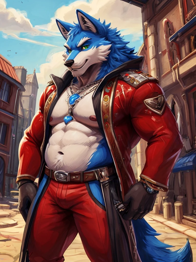 ((best quality)), ((masterpiece)), (Ultra detailed), ((4k)) , Full Body , Solo , Anthro Wolf , Light Blue Fur , Red Short Hair ,Red Beard , Handsone , Good Looking , Green Eyes, (Eyes Details), Middle Ages , Huge Pecs nipple , Bodybuilder Chubby Fat , 


Looking Side , Jacket , Semiformal , Wrist Watch ,