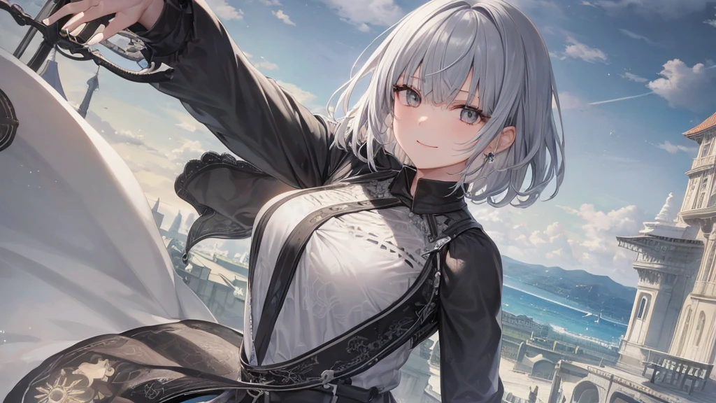 とてもShort Hair, Long bangs between the eyes, Very detailed,(masterpiece、Highest quality)、alone、Gray Hair、Fantasy, Silver Hair, Fantasyな風景、smile、Open your mouth、short hair、Short Hair、hairpin、black eye、Grey Eyes、Beautiful Eyes、Black Shirt、White hoodie