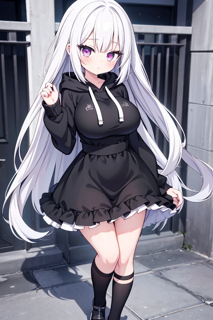 Anime-style image of a woman with white hair and black clothing, Cute 3D anime girl render, Cute anime waifu in a nice dress, Anime VTuber Full Body Model, Anime girl in a black hoodie, Gothic Maiden Anime Girl, Highly detailed characters, Official character art,Shrine maiden,Big Tits,Bobcut,smile